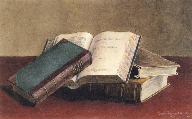 Unidentified Open Book Propped against Two Stacked Volumes,with Red Background, Hirst, Claude Raguet